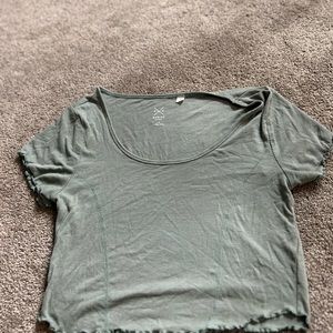 Blue lettuce cut crop top, blue stitching detail.